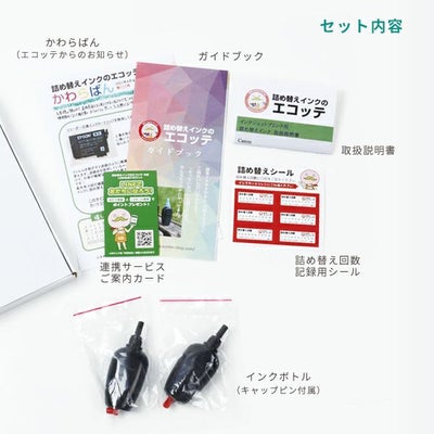 セット内容はインクボトルのほかに取扱説明書やエコッテからのお知らせといった同梱物が入っています。